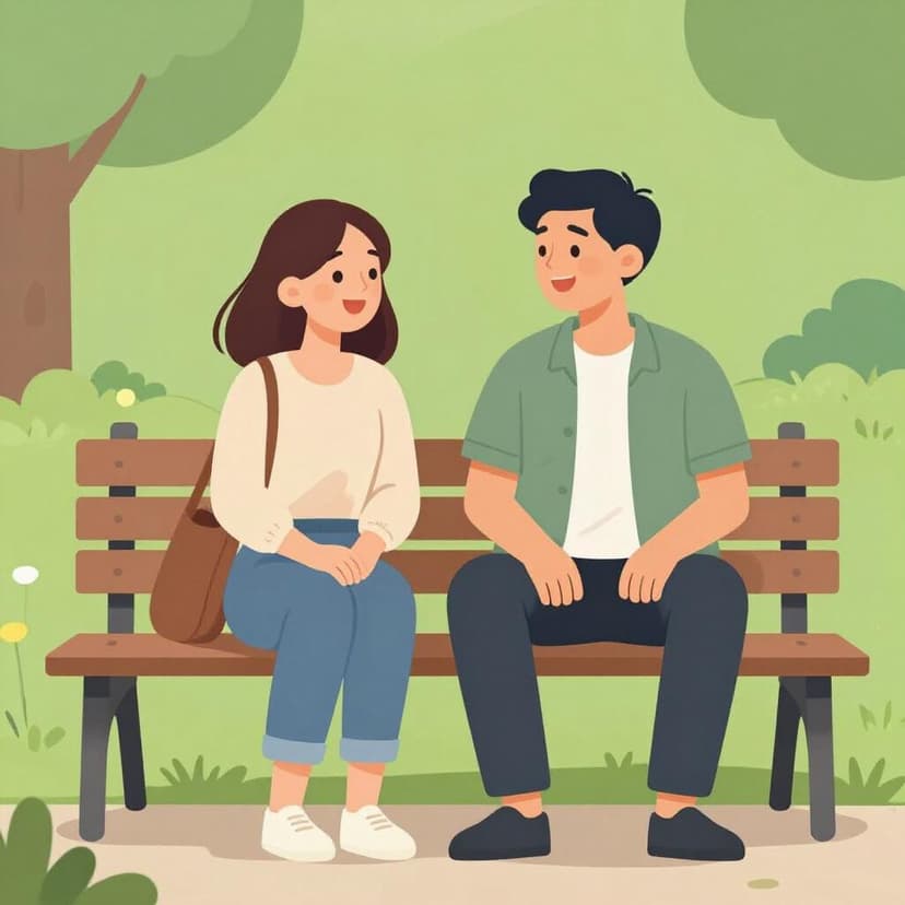 A colorful illustration showing two close friends sitting on a park bench, smiling warmly at each other, signifying established familiarity.