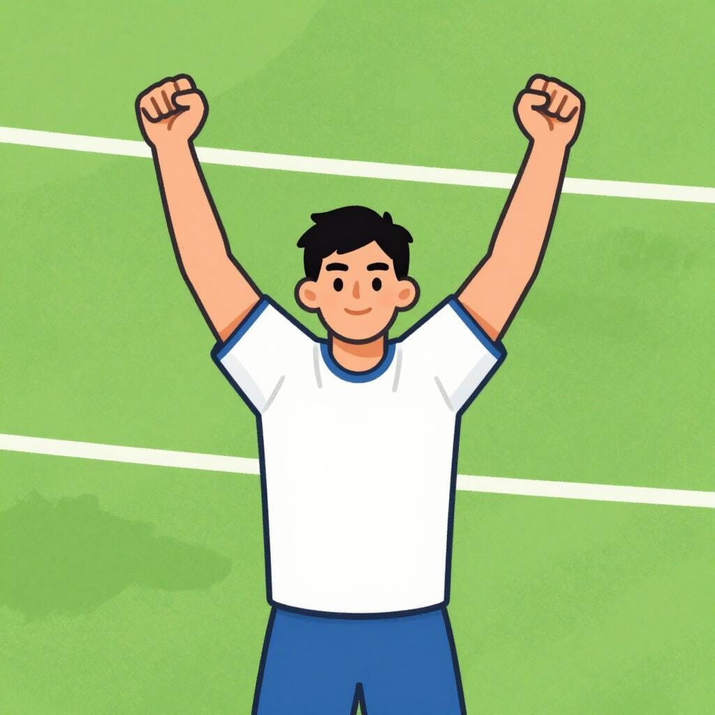 緑のフィールドでゴールを祝う、明るいユニフォームを着たプロサッカー選手。