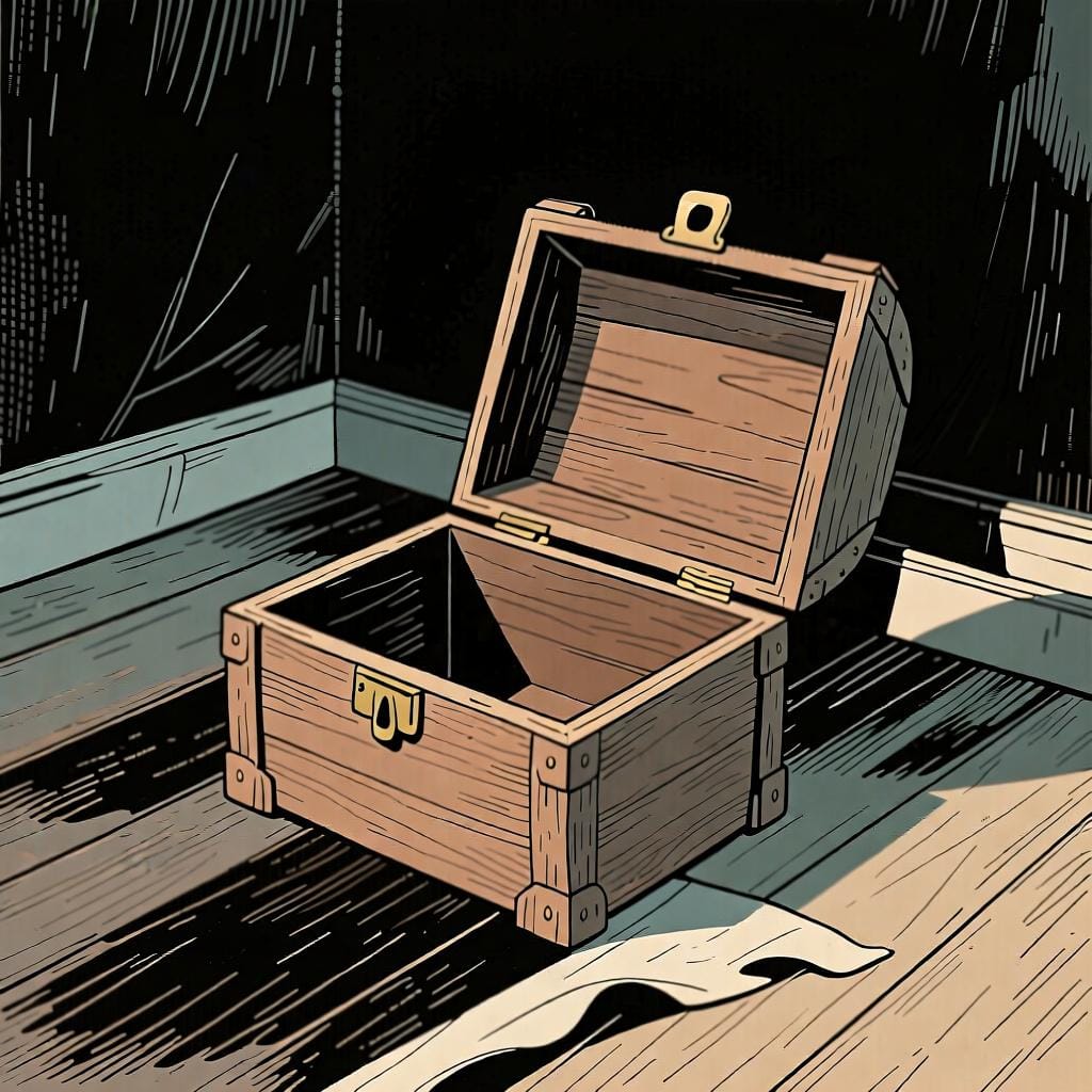 Een lege houten kist, die het concept 'niets' voorstelt.