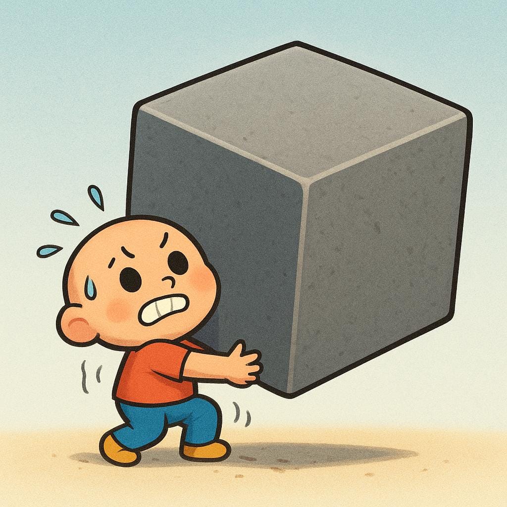 重すぎる灰色の立方体を持ち上げようと奮闘している小さな漫画のキャラクター。ストレスや不安を視覚的に表している。