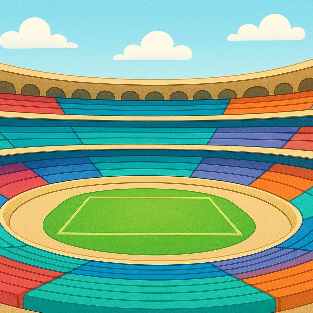 A simple illustration of a large, colorful stadium structure with empty blue and red seats surrounding a green field.