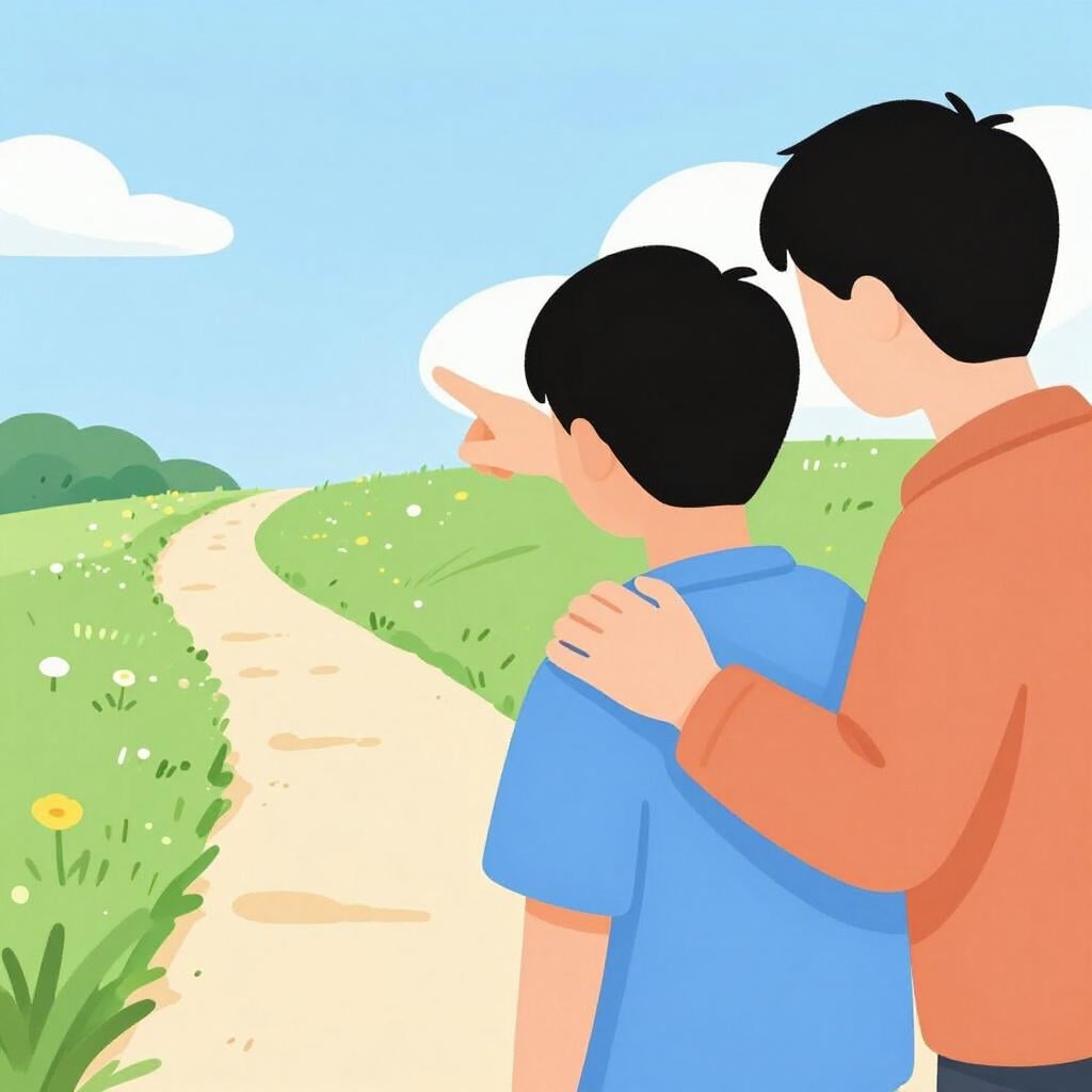 A friendly person gently placing a hand on a friend's shoulder and gesturing forward to encourage them.