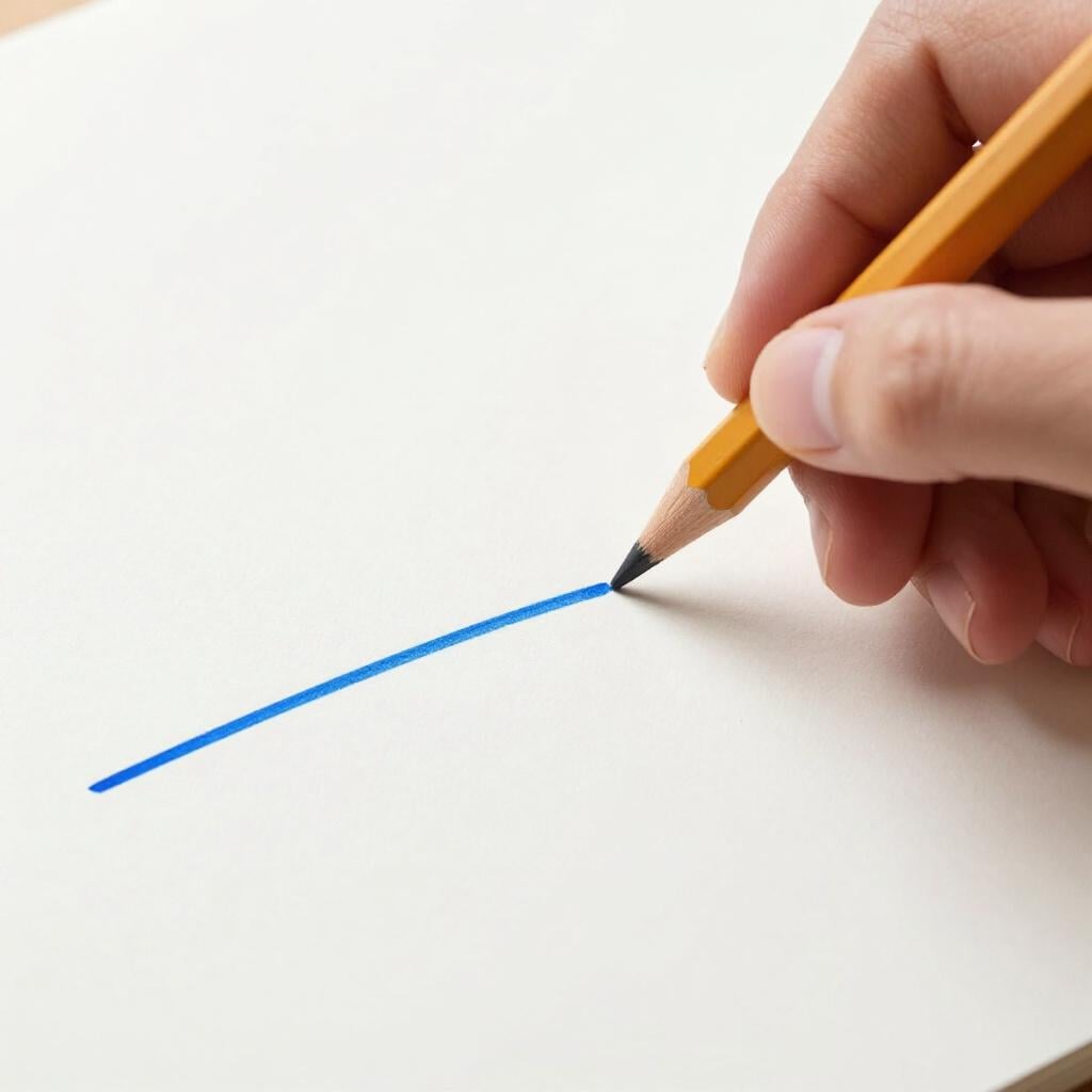 Eine Hand, die einen Bleistift hält und eine saubere, gerade Linie auf einem Blatt weißem Papier zeichnet.