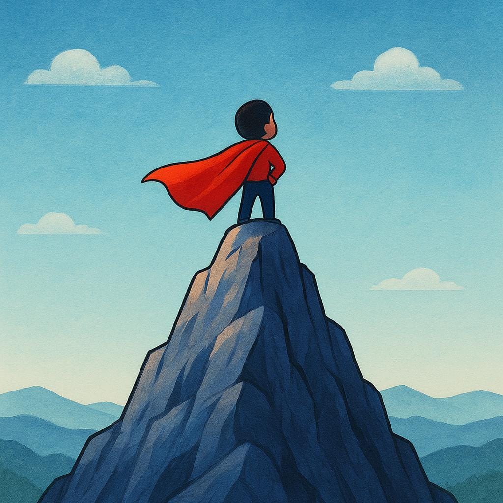 A small figure standing confidently and bravely on a high, rocky mountain peak, looking out over a vast landscape, symbolizing courage.