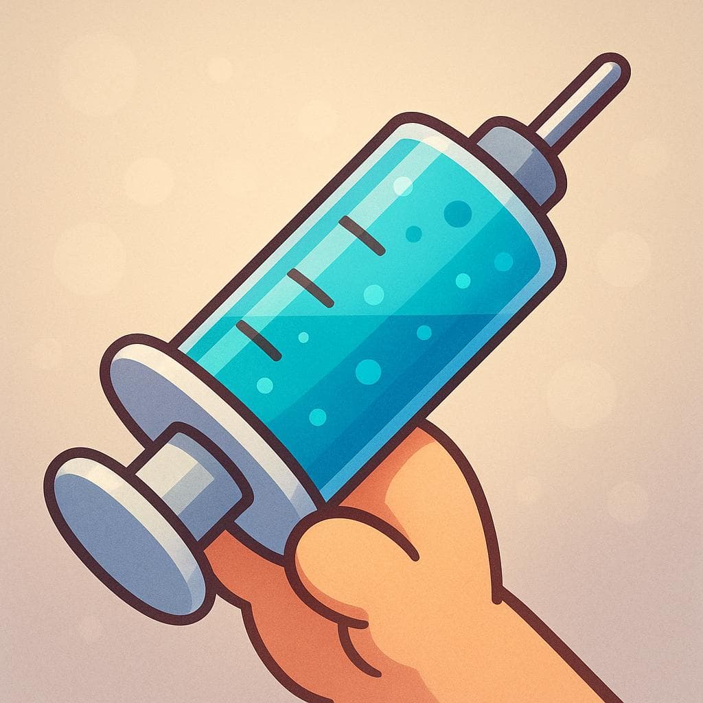 Une illustration de dessin animé d'une grande seringue remplie d'un liquide médicamenteux aux couleurs vives, prête à l'emploi.