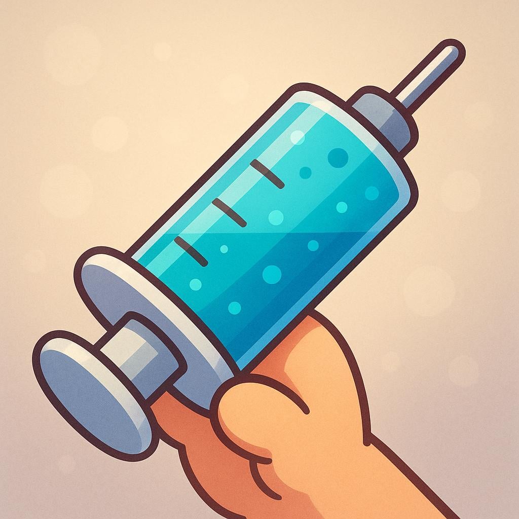 A cartoon illustration of a large syringe filled with brightly colored liquid medicine, ready for use.