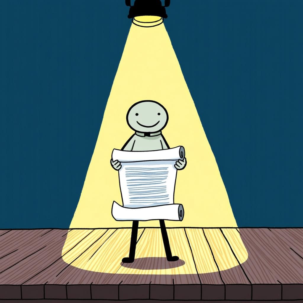 Eén figuur staat alleen op een podium onder een felle spot, met een grote rol in de hand, wat het spelen van een belangrijke rol of het hebben van invloed symboliseert.