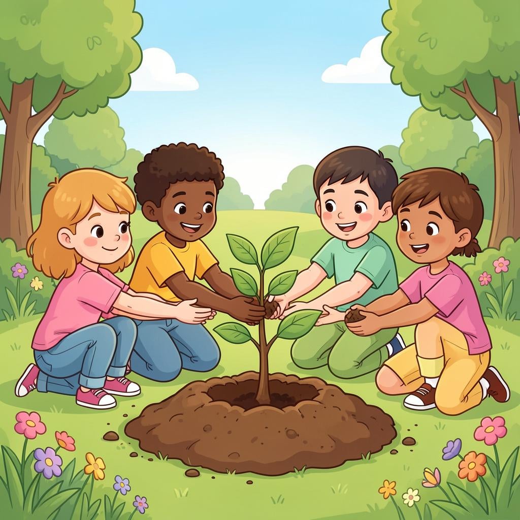 A group of happy children together planting a small tree in a garden.