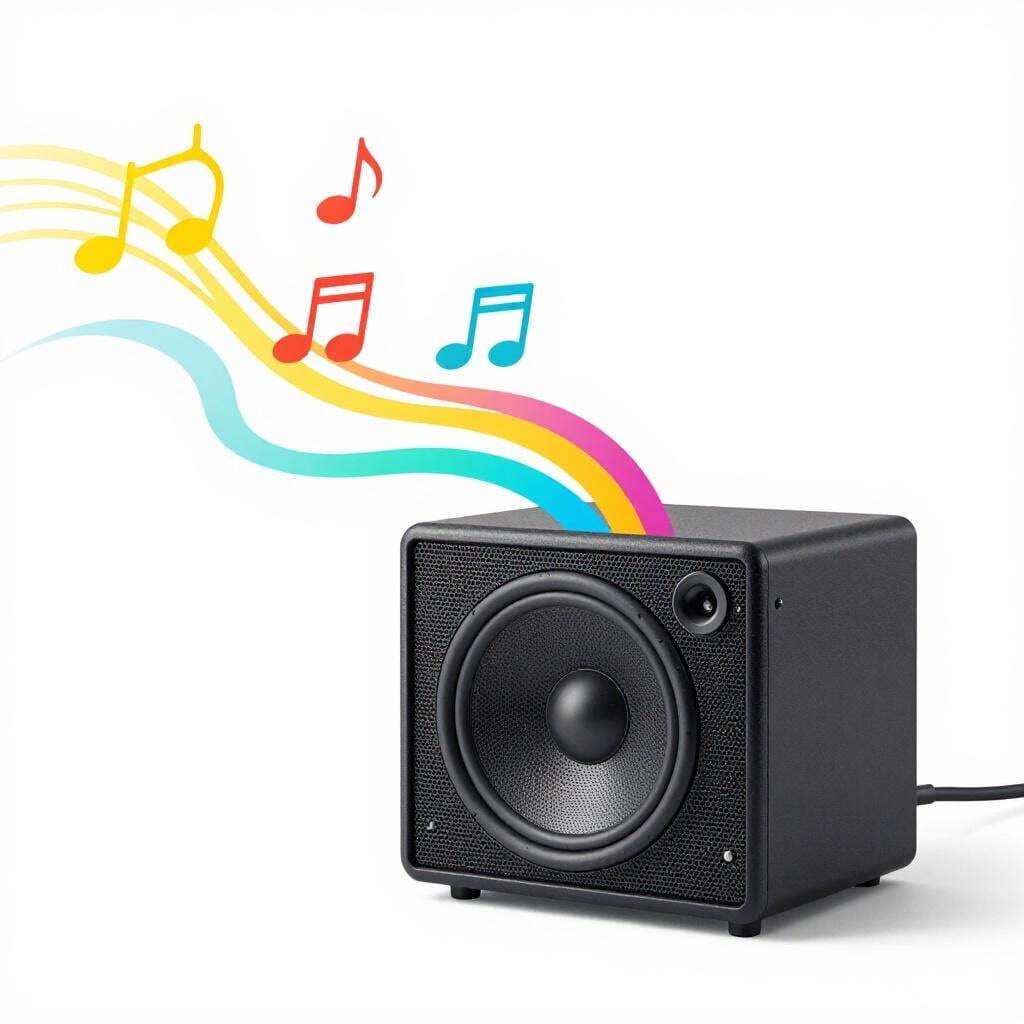 A high-quality speaker with clear, vibrant sound waves rippling out from it.