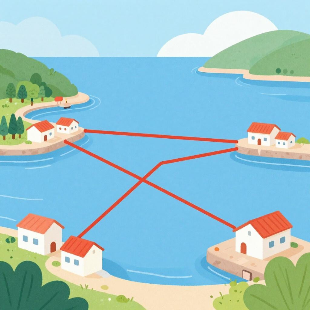 Une illustration de livre d'histoires de haute qualité d'un réseau complexe de lignes colorées reliant différents ports et villes sur un paysage semblable à une carte.
