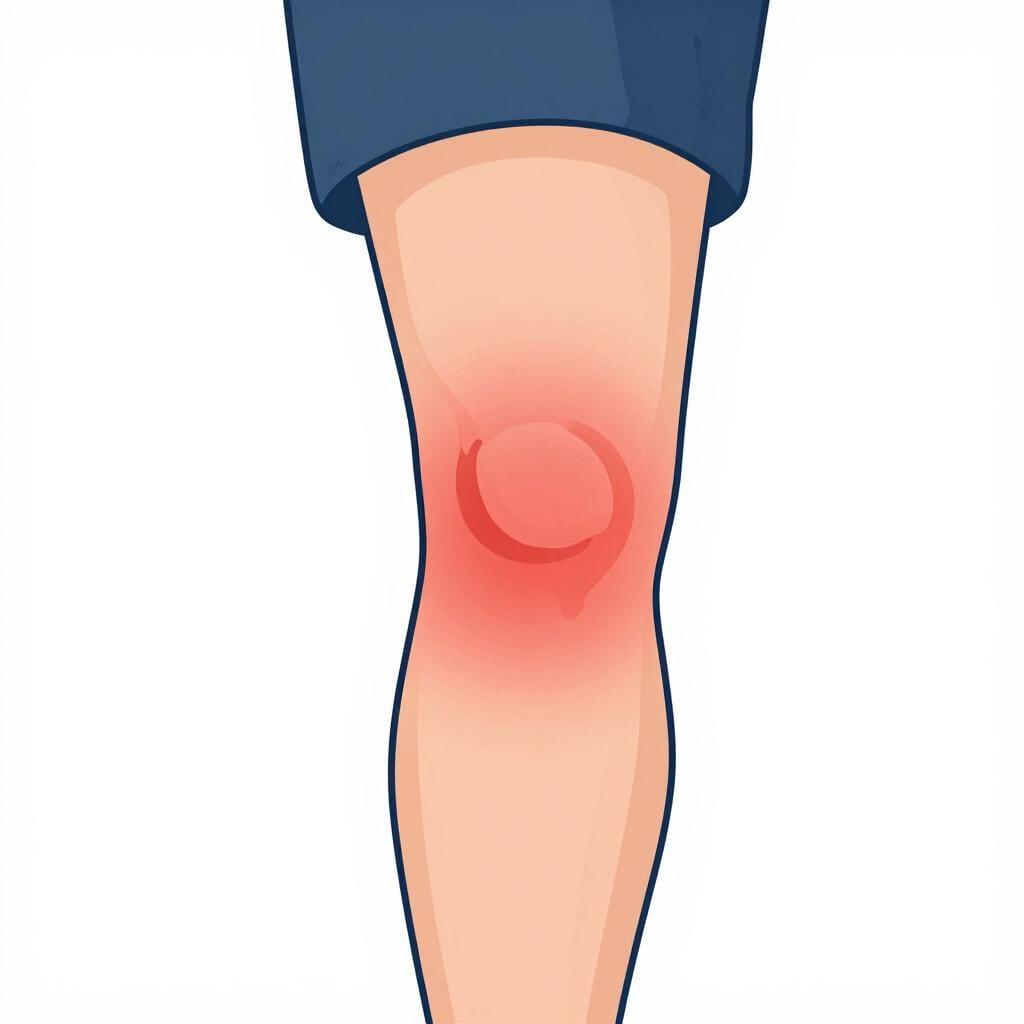 A close-up illustration of a swollen, red knee joint compared to a healthy one.