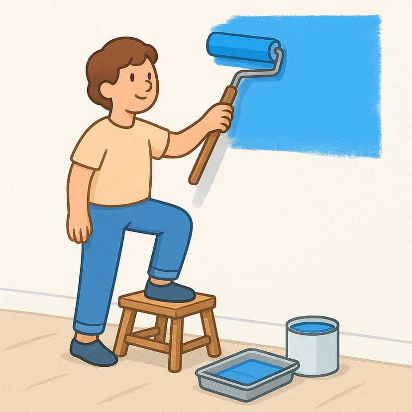 A person using a roller to apply bright blue paint to a plain white indoor wall.