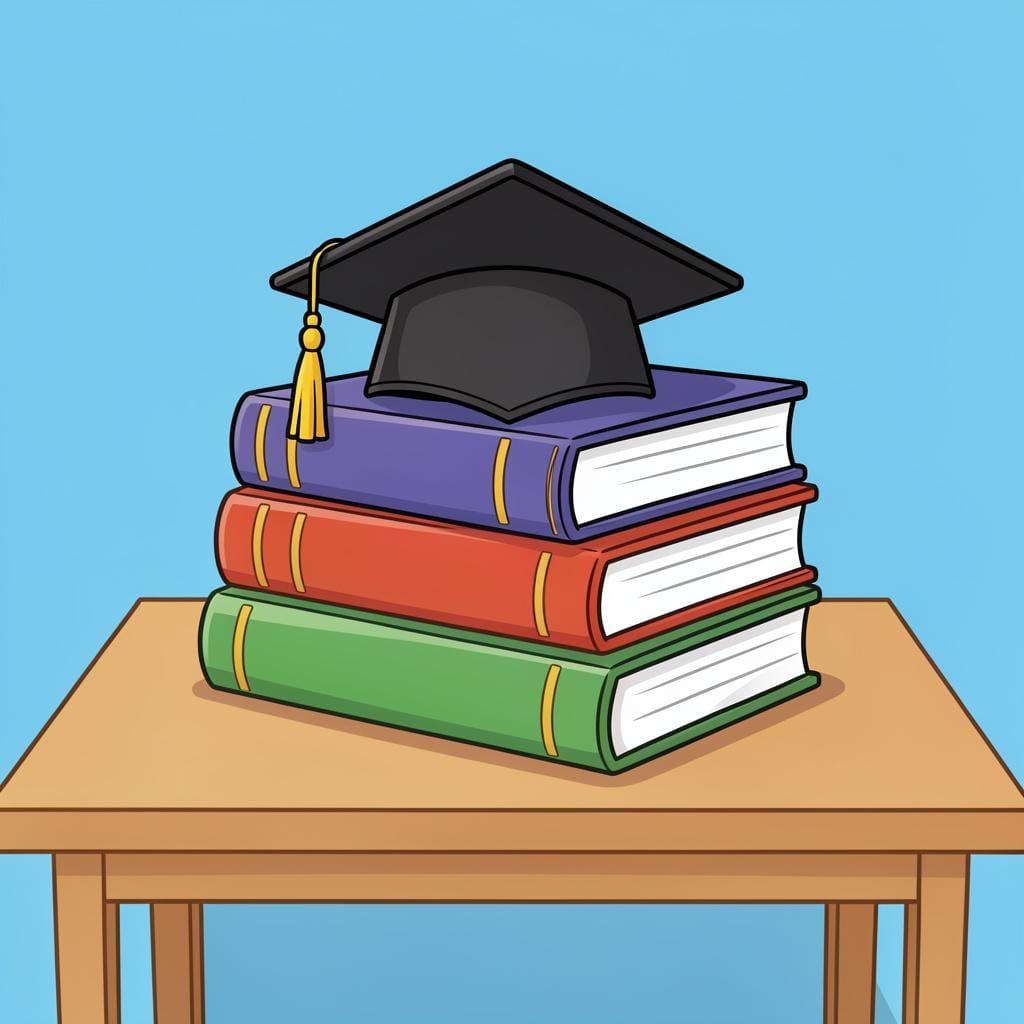 A stack of colorful school books and a graduation cap on a wooden desk.