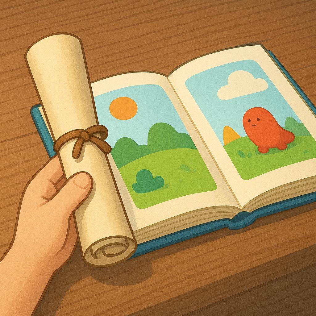 A hand holding a rolled-up parchment scroll next to a large, open, bound book, symbolizing text being extracted or quoted.