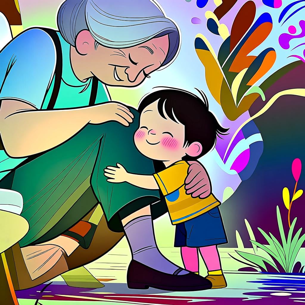 A depiction of deep affection shown through a gentle hug between a child and an elderly person.