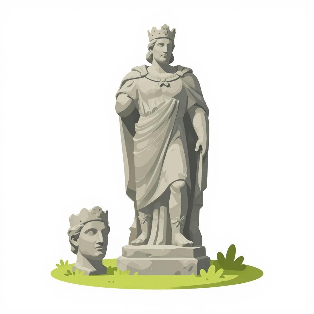 Eine hochwertige Bilderbuchillustration einer Steinstatue eines Königs, deren Kopf neben dem Sockel auf dem Boden liegt.