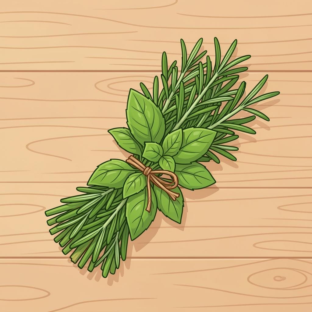 Een verzameling verse groene rozemarijn-, tijm- en basilicumblaadjes samengebonden met een eenvoudig touwtje op een houten oppervlak.