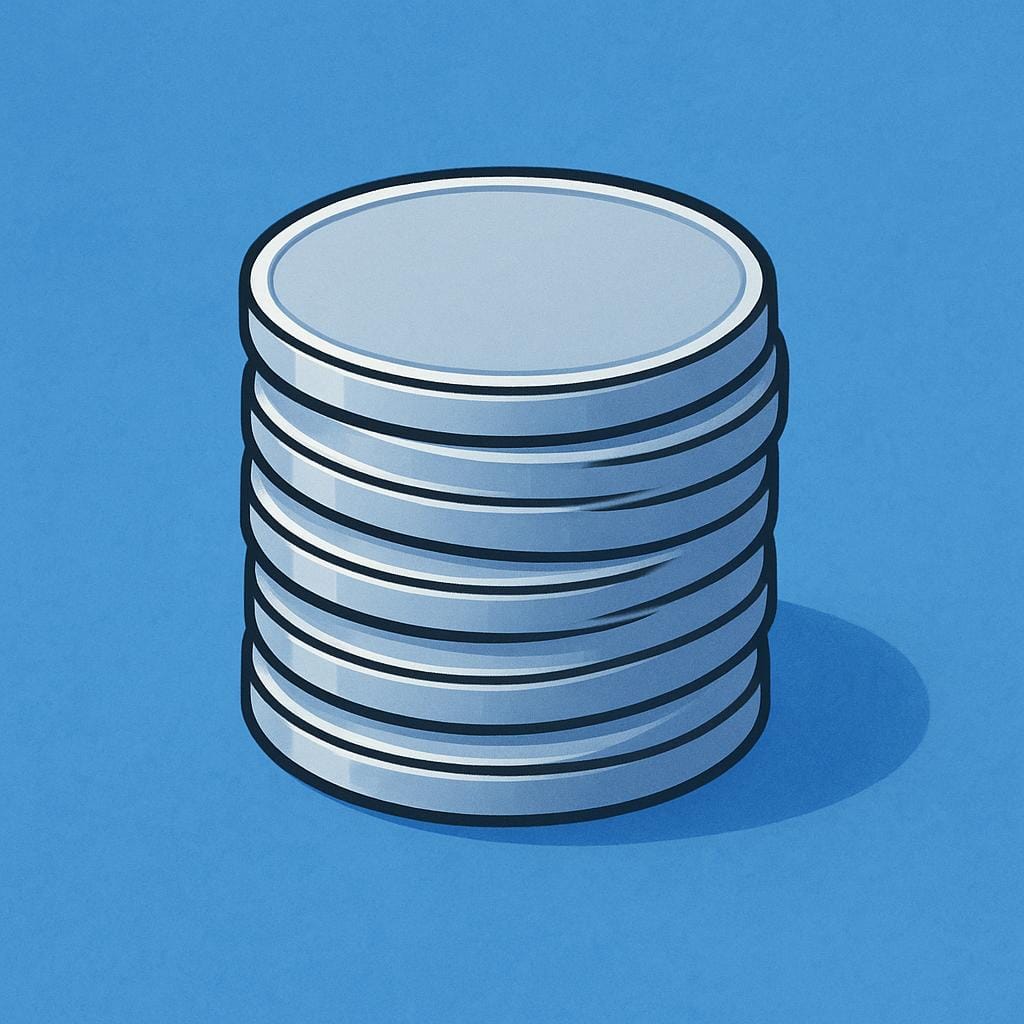 A perfectly stacked tower of shiny, featureless silver coins on a flat blue background, representing generic currency.