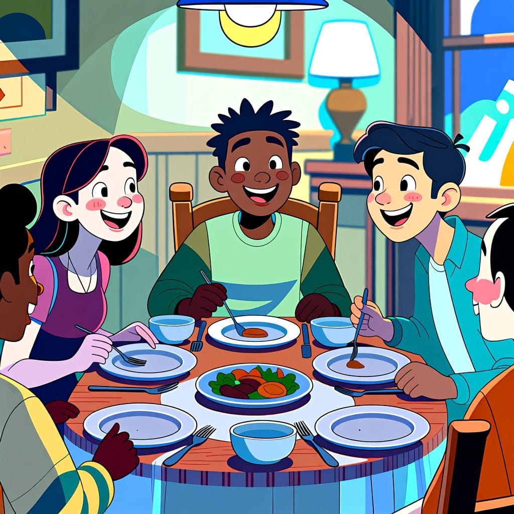 A group of three friends sitting at a dinner table with empty plates, smiling and looking satisfied after having finished their meal.