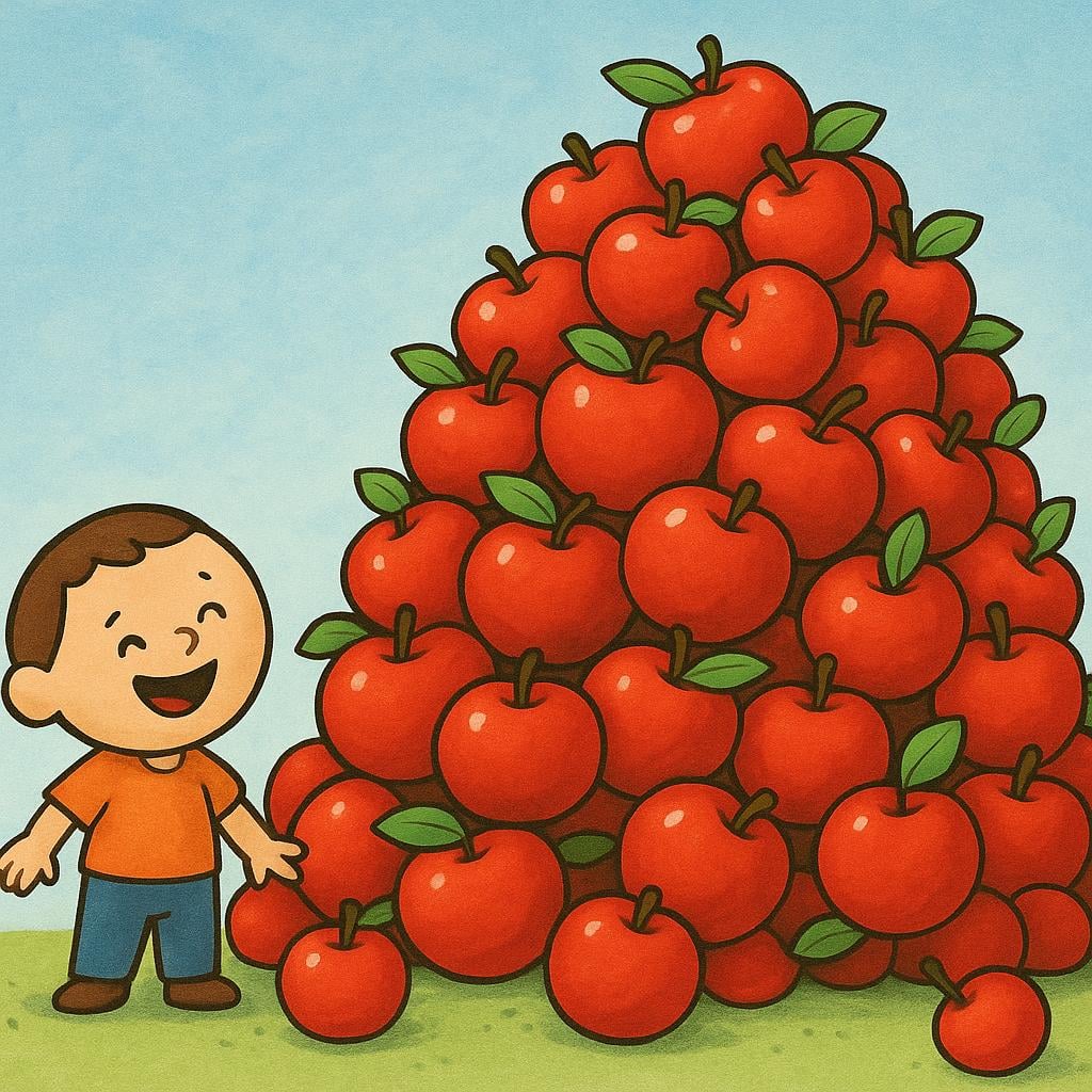 A small, happy figure standing beside a gigantic, overflowing mountain of bright red apples, symbolizing a large quantity or 'a lot'.
