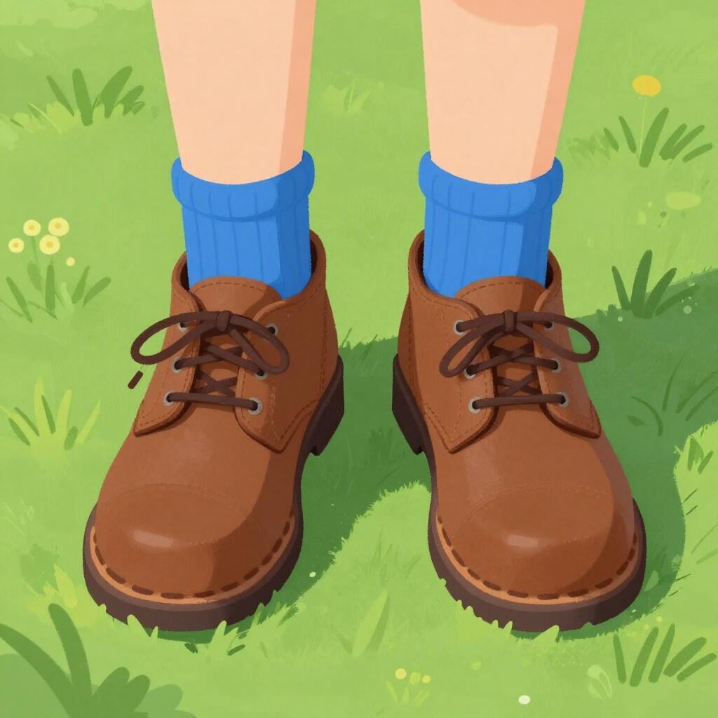 A close-up of a person's feet wearing sturdy brown leather shoes and blue socks.