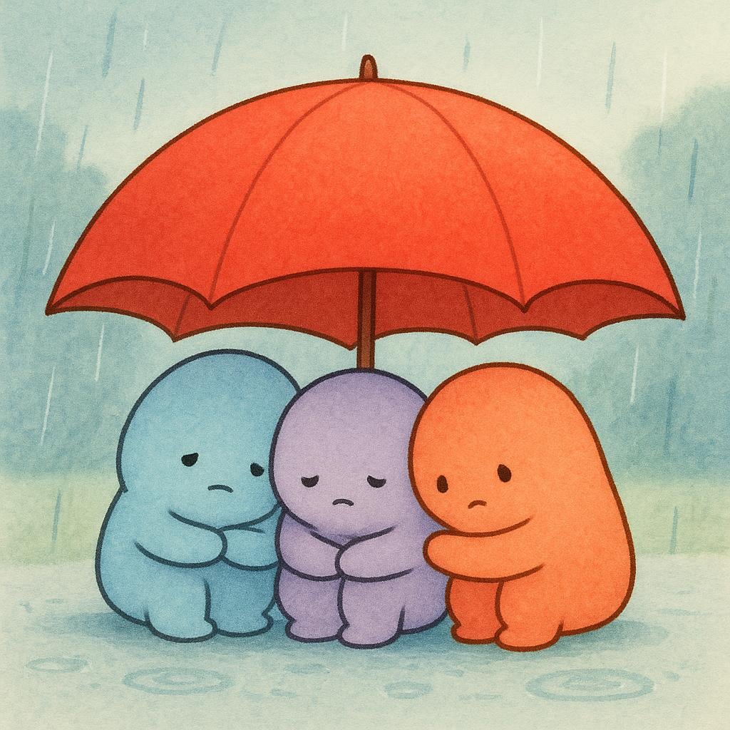 Three small, simple figures huddling together under a large red umbrella for protection, symbolizing a group of vulnerable people.