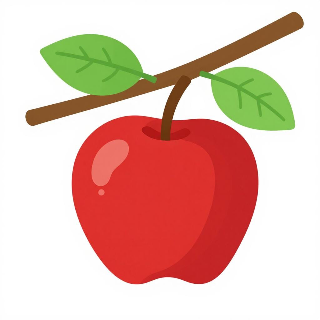 Una mela rossa brillante che pende dal ramo di un albero verde e frondoso.