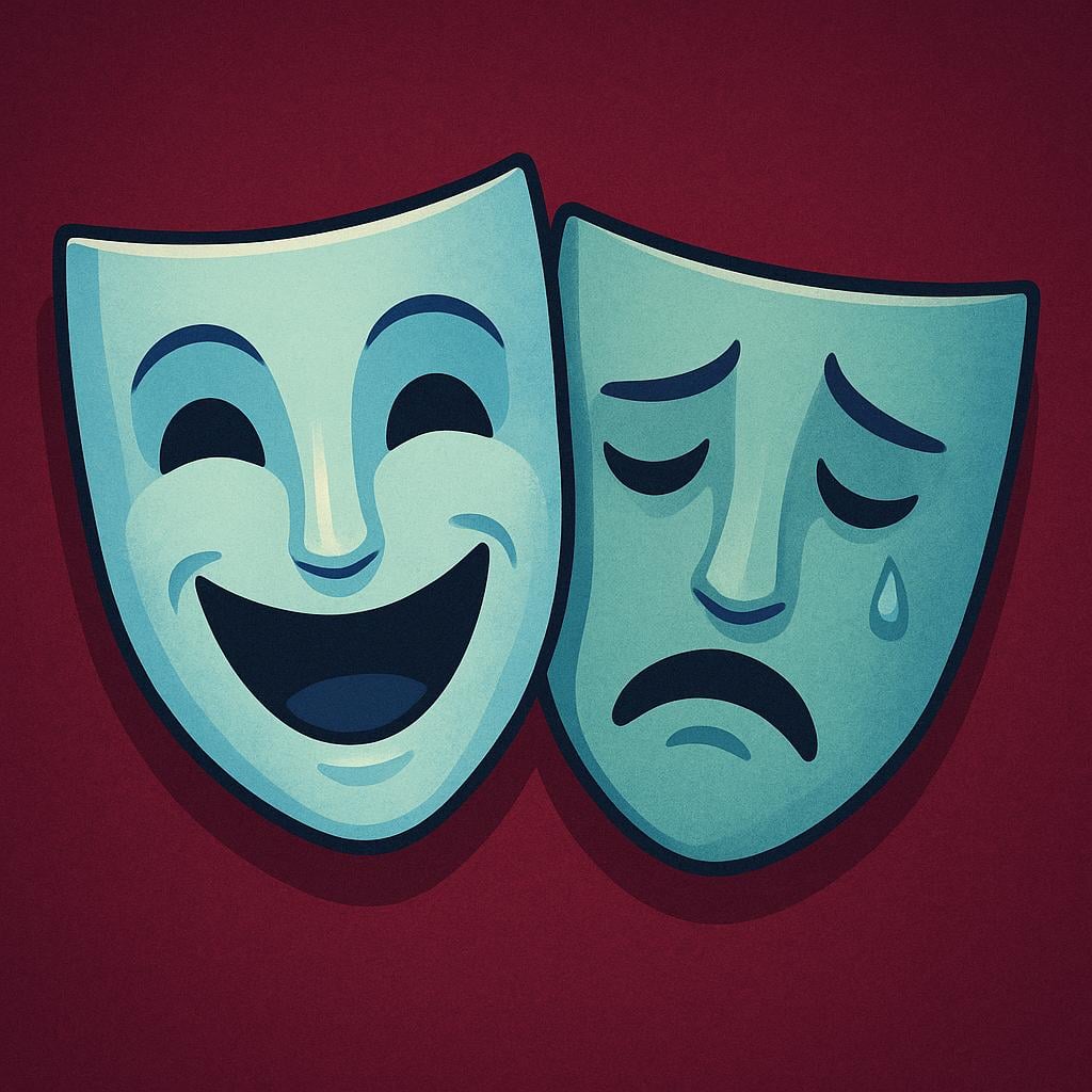 The two classic theatrical masks, one smiling (comedy) and one frowning (tragedy), overlapping slightly.