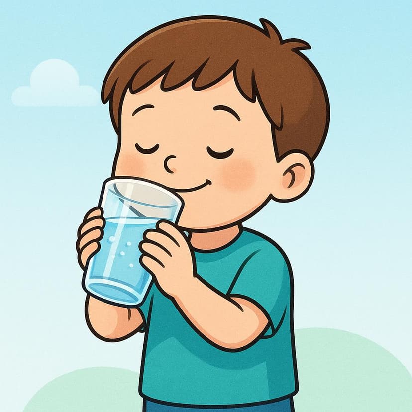 A simple cartoon illustration of a child holding a clear glass and drinking water.