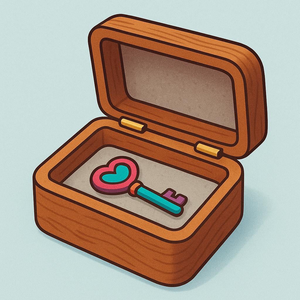 A small, brightly colored key resting securely inside a larger, open wooden box, illustrating inclusion or a state of being involved.