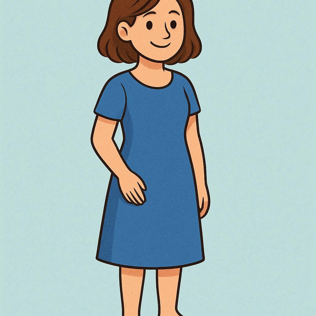 Eine einfache, farbenfrohe Bilderbuchillustration einer freundlichen jungen Frau mit braunen Haaren und einem blauen Kleid, die lächelnd dasteht.