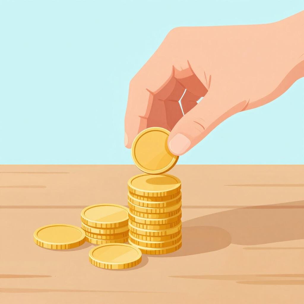 A hand placing a final gold coin onto a stack of coins on a wooden table.