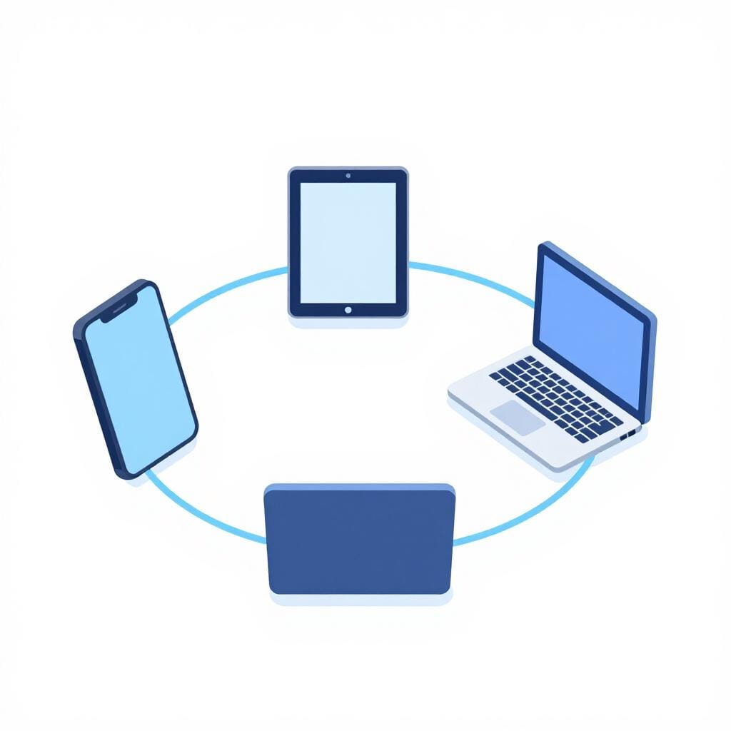 Un groupe de différents gadgets colorés comme un téléphone, une tablette et une montre connectée reliés par des lignes lumineuses.