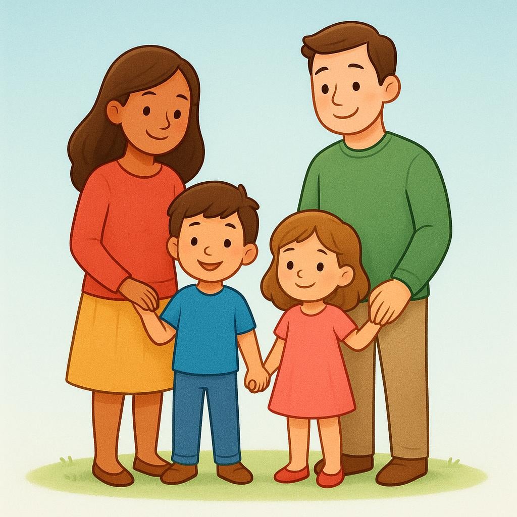 A simple, joyful illustration of a family unit consisting of two parents and two young children standing close together.
