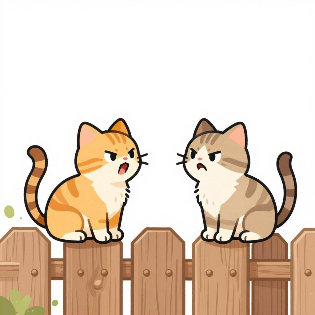 Two cats facing each other with arched backs and angry expressions on a simple backyard fence.