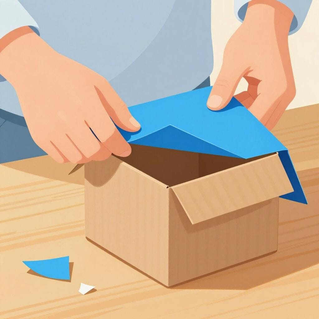 Hände schälen vorsichtig hellblaues Geschenkpapier von einer quadratischen Geschenkbox ab.