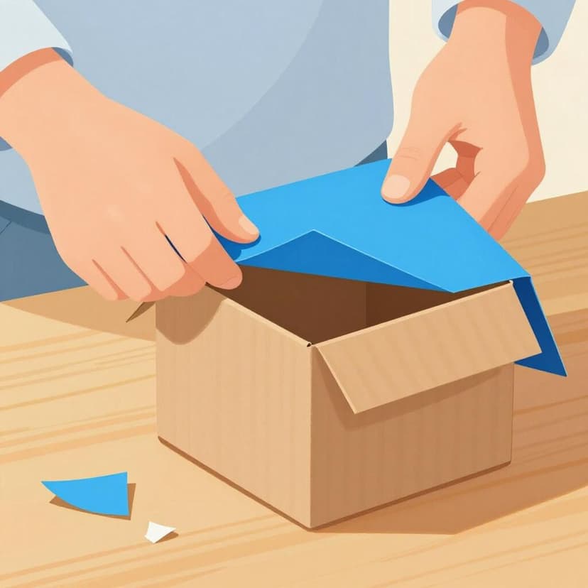 Hands carefully peeling back bright blue wrapping paper from a square gift box.