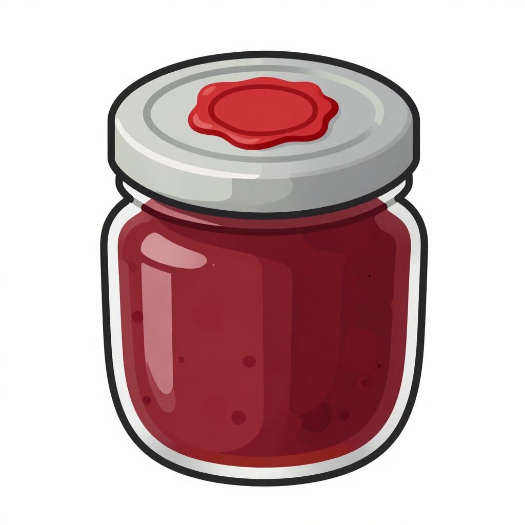 Un barattolo di vetro pieno di marmellata colorata, con un coperchio di metallo avvitato ermeticamente che mostra un sigillo di cera attorno al bordo.