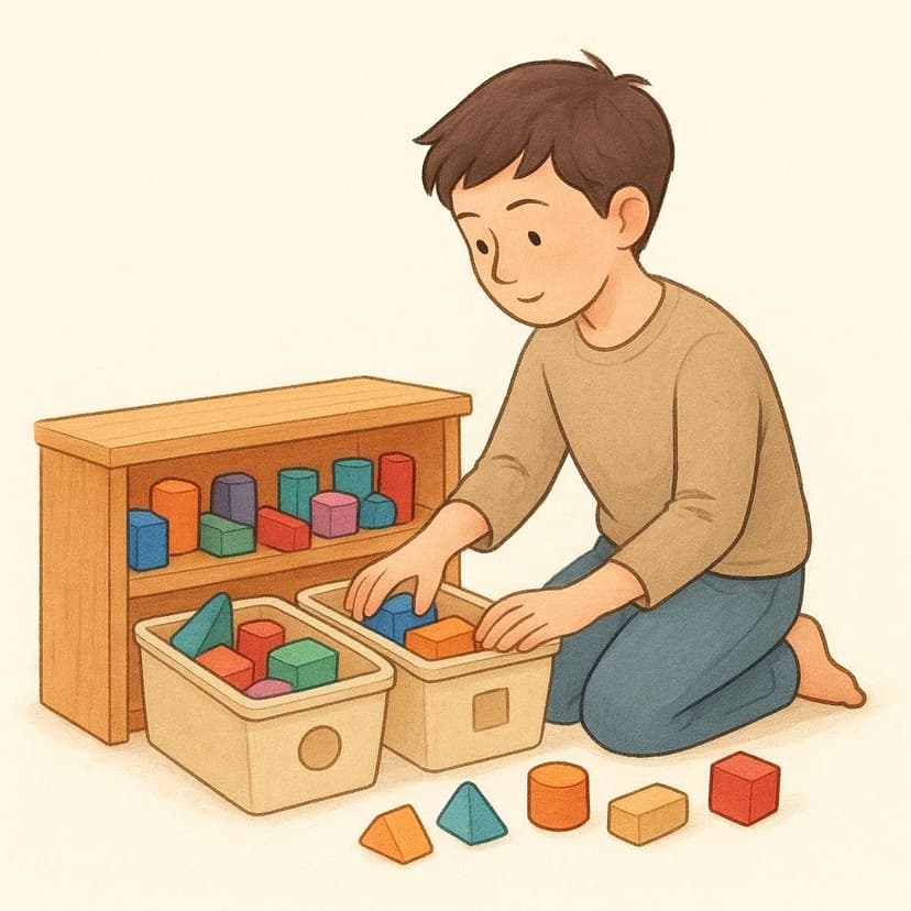 A person with short hair is neatly organizing colorful wooden blocks into three designated storage bins on a low shelf.