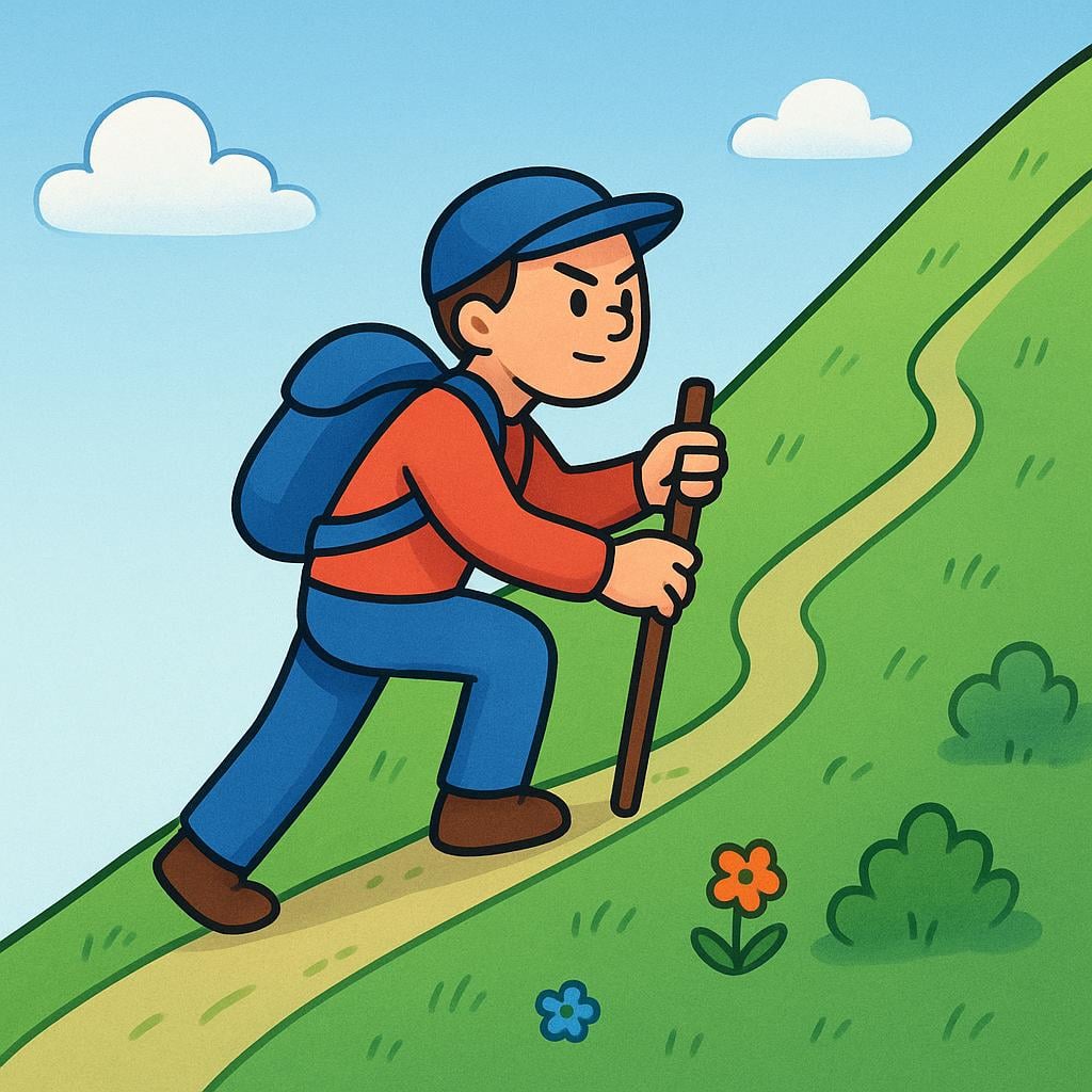 A determined cartoon figure hiking up a very steep, long green hill under a bright sun, demonstrating physical endurance.