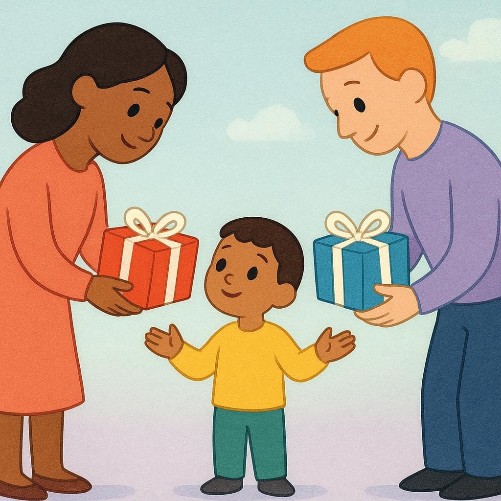 Deux adultes se tiennent côte à côte, chacun tendant un cadeau emballé aux couleurs vives vers une troisième personne, un enfant plus petit.