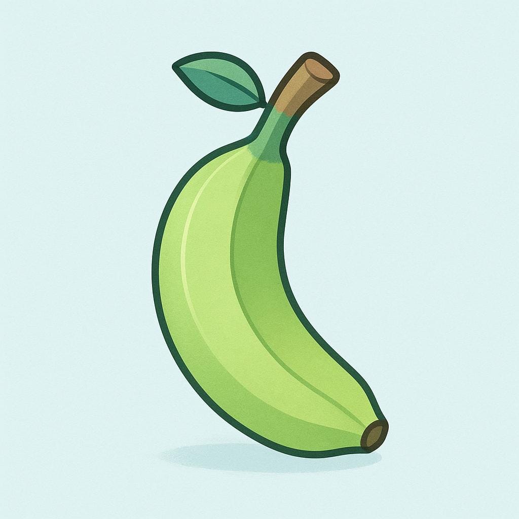 A small, firm, light green banana still attached to the plant, indicating it is unripe.