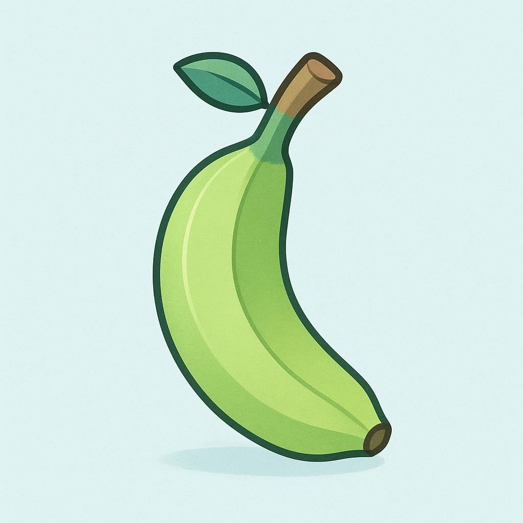 A small, firm, light green banana still attached to the plant, indicating it is unripe.