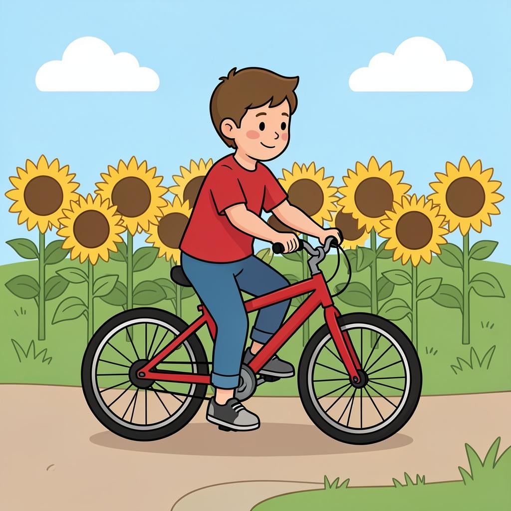 A child on a red bicycle stopping in front of a garden of bright sunflowers.