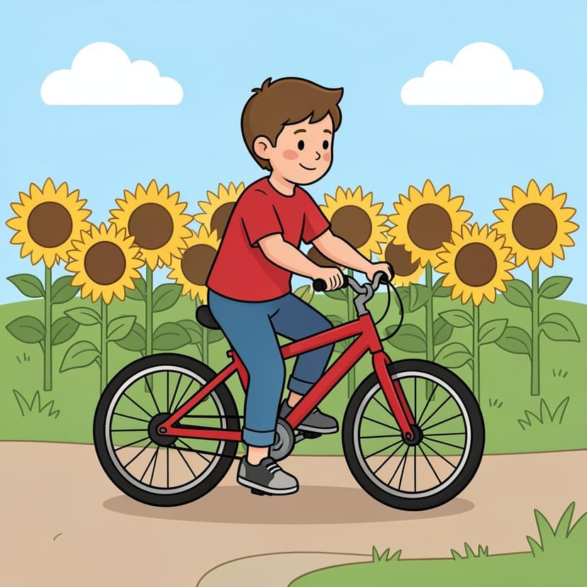 A child on a red bicycle stopping in front of a garden of bright sunflowers.