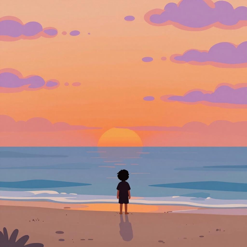 Een kind staat op een strand bij zonsondergang, in silhouet tegen een levendige oranje en paarse lucht, kijkend naar de oceaan.