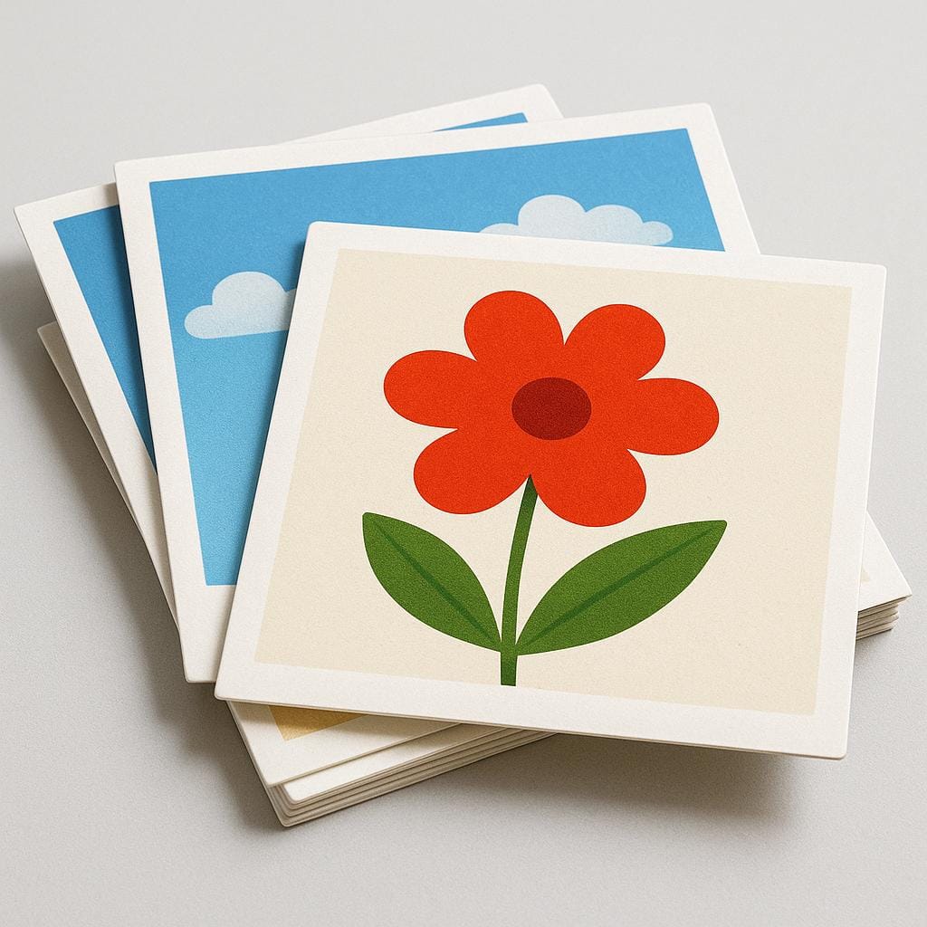 A small stack of colorful, rectangular printed photographs resting on a flat surface. The visible photos show simple, recognizable images like a flower and the sky.