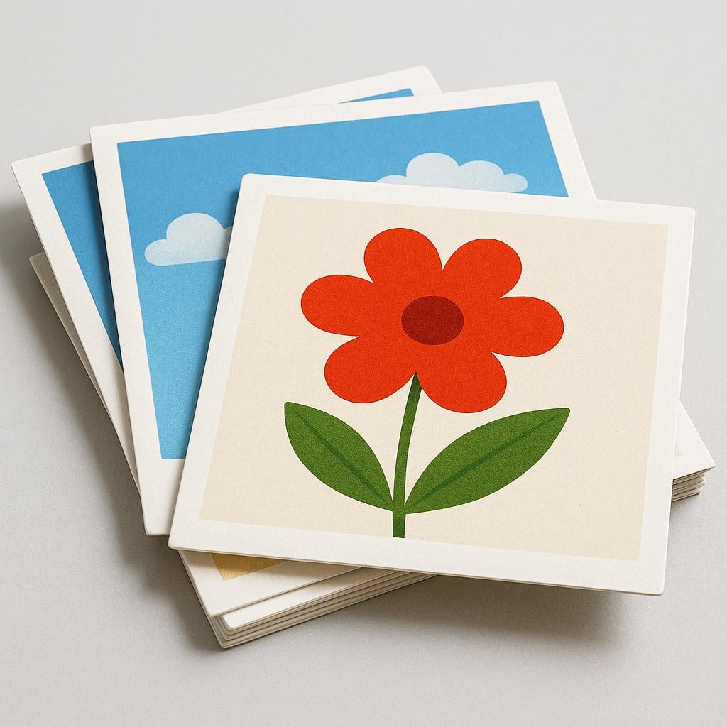 A small stack of colorful, rectangular printed photographs resting on a flat surface. The visible photos show simple, recognizable images like a flower and the sky.