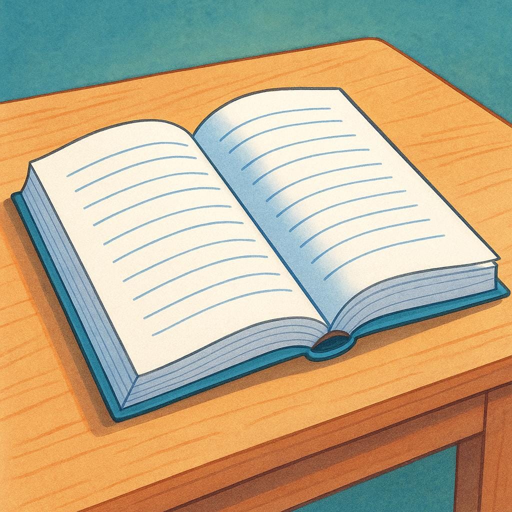 A thick, black-bound document resembling a movie script, lying open on a wooden table, showing only blank lines of dialogue.