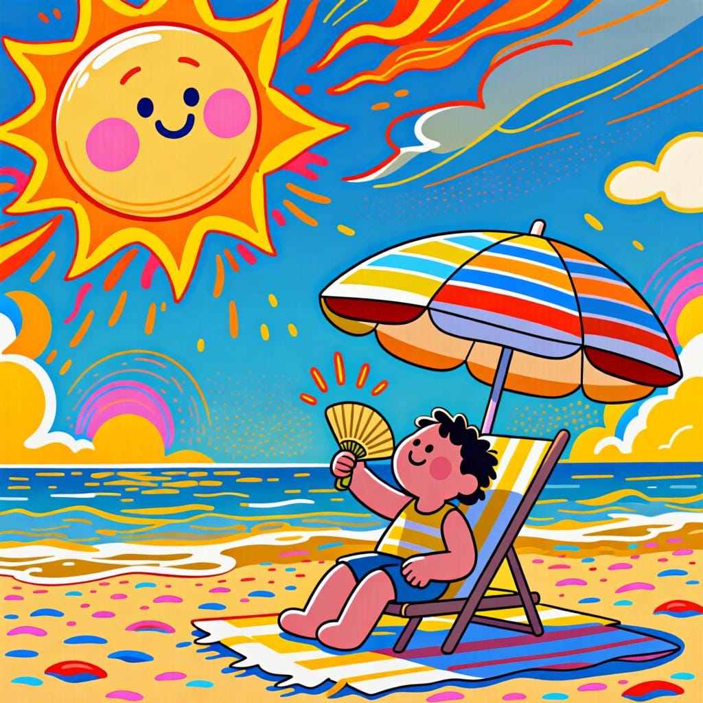 Een heldere, zonnige strandscène met een klein figuur dat hevig zweet terwijl hij schaduw zoekt onder een kleine parasol.